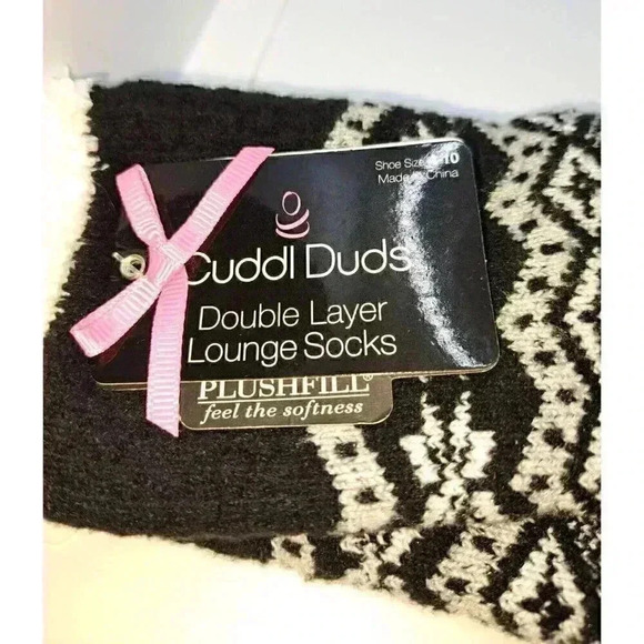 Cuddl Duds Women's Double Layer Plush Lounge Slipper Non Slip Socks Black White - Picture 4 of 7